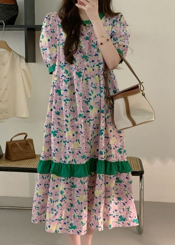Pink Print Patchwork Cotton Long Dress Summer