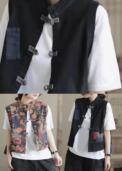 Retro Colour Stand Collar Print Button Low High Design Waistcoat Sleeveless