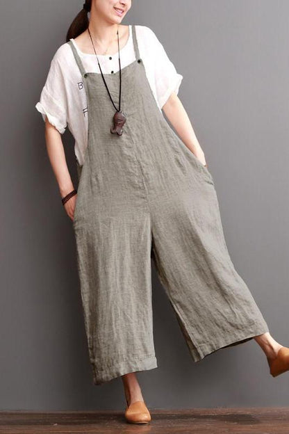 Cotton Linen Sen Department Causel Loose Overalls Big Pocket Maxi Size Trousers Outfits