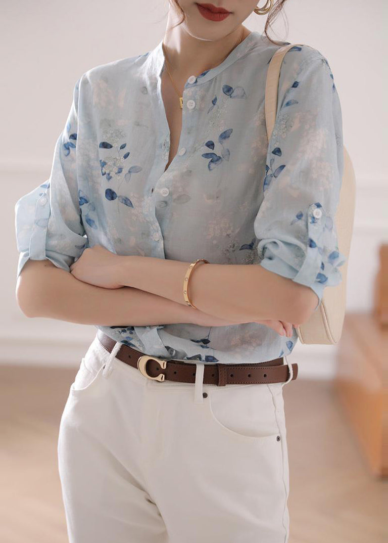 Light Blue Print Linen Top Bracelet Sleeve