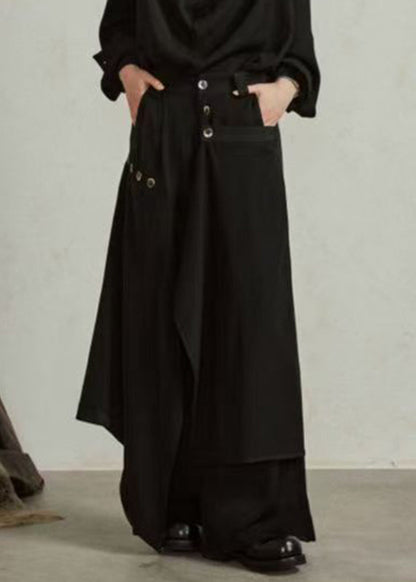 Novelty Black Asymmetrical Patchwork Button Wide Leg Pants Skirt