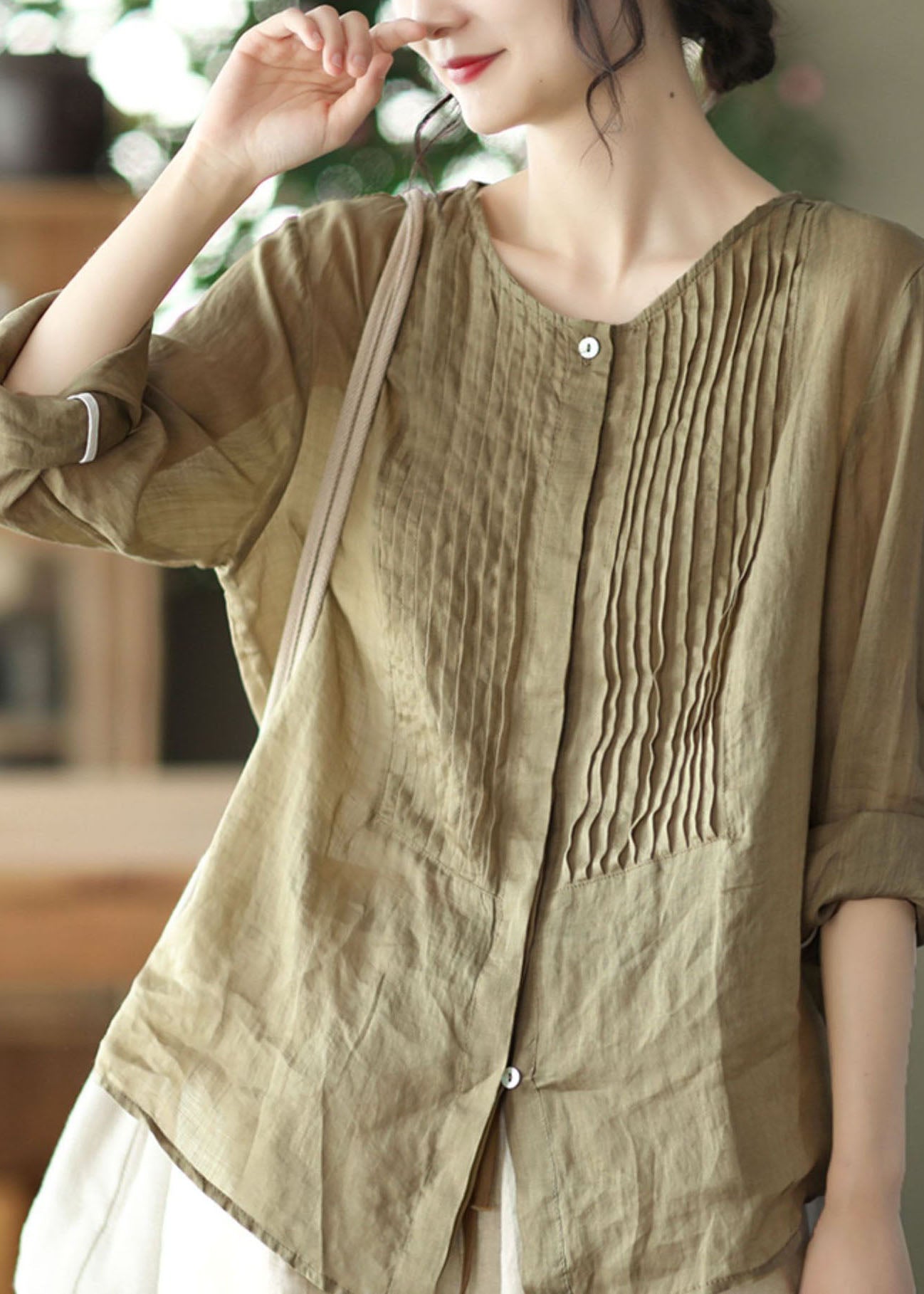 Bean Green O-neck Button Linen Shirts Long Sleeve