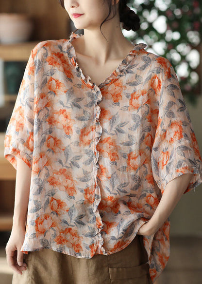 Orange Ruffled Print Patchwork Linen Blouses Summer