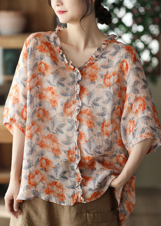 Orange Ruffled Print Patchwork Linen Blouses Summer