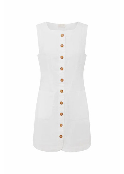 New White Button Cotton Mini Dress Sleeveless