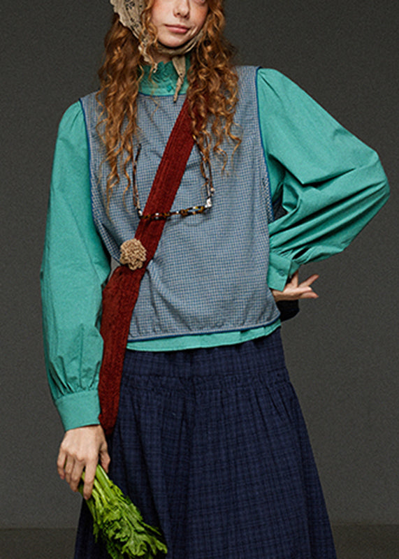 Blue Plaid O-neck Patchwork Waistcoat Fall
