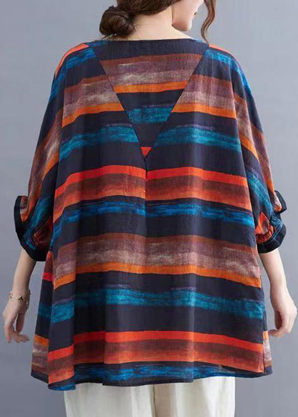 Orange O Neck Striped Cotton Top Batwing Sleeve