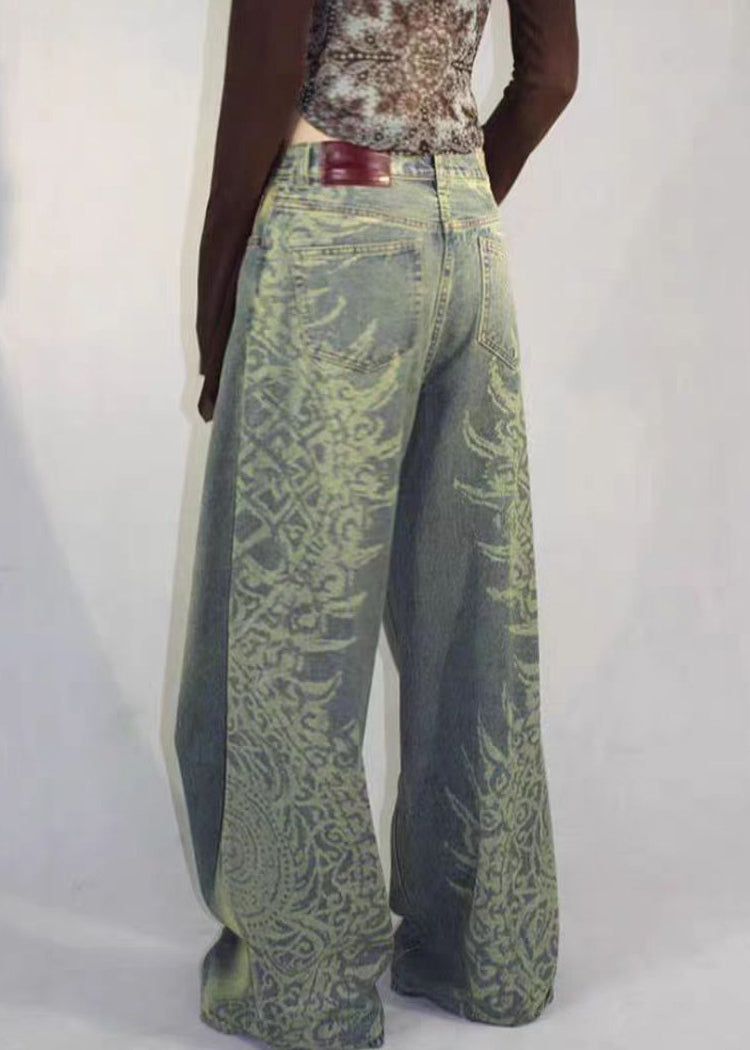 Blue Print Pockets High Waist Denim Pants Fall