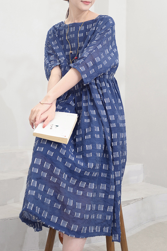 Summer Short Sleeve Dress Tencel Checkered Long Dress