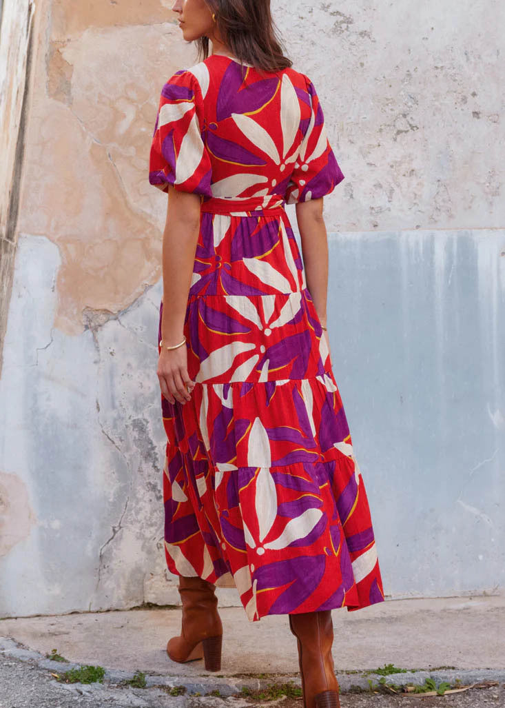 Black V Neck Print Tie Waist Cotton Dress Summer