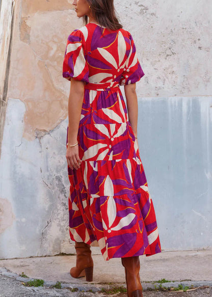 Black V Neck Print Tie Waist Cotton Dress Summer