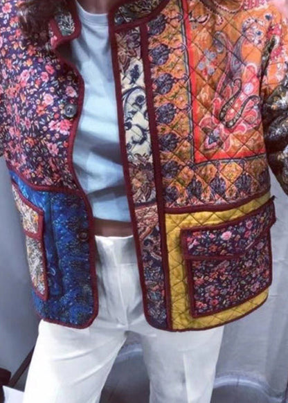 Stand Collar Print Loose Fine Cotton Filled Jacket Spring