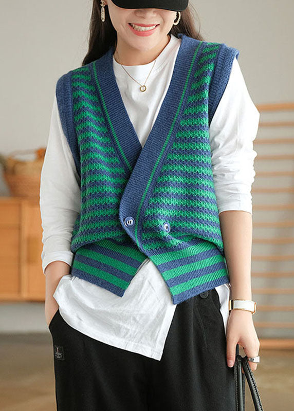 Green Striped Button Fall Knit Sleeveless Waistcoat