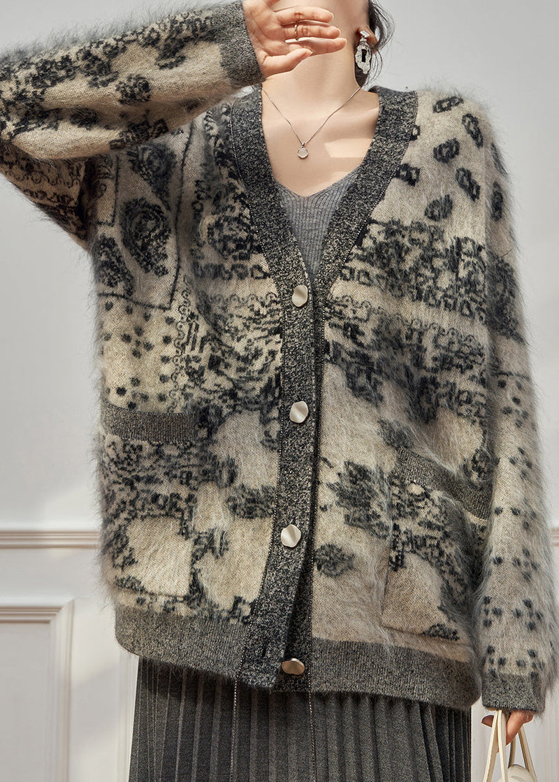 Grey V Neck Print Cotton Knit Cardigan Long Sleeve