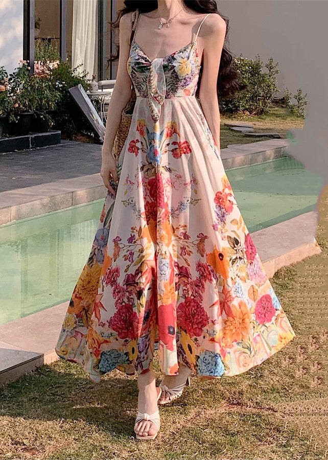 Print High Waist Cotton Spaghetti Strap Dress Sleeveless