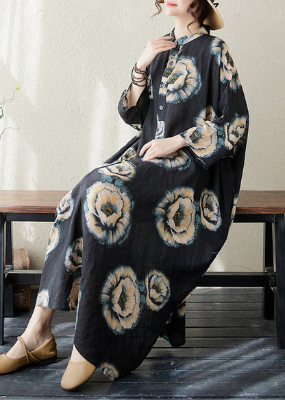 Black Stand Collar Print Long Dress Long Sleeve