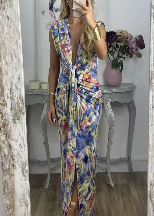 Blue V Neck Print Cotton Long Dress Sleeveless