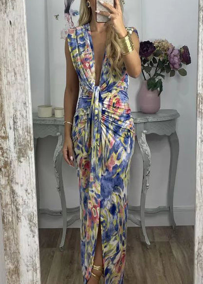 Blue V Neck Print Cotton Long Dress Sleeveless
