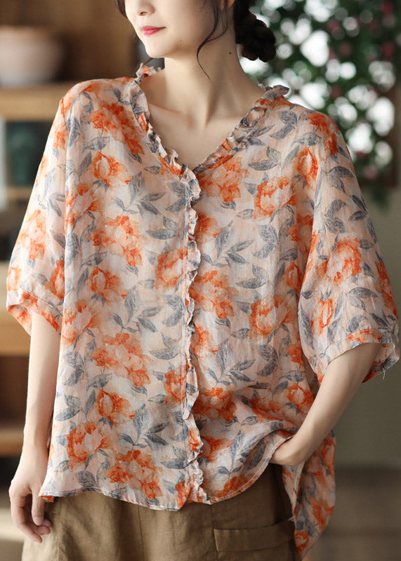 V Neck Print Ruffled Linen Tops Half Sleeve