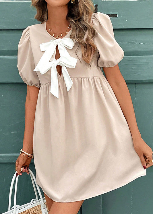 French Apricot Puff Sleeve Bow Cotton Mid Dresses Summer