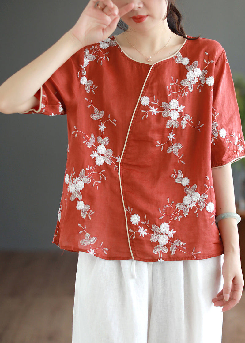 Red O-neck Embroidered Linen Tops Half Sleeve