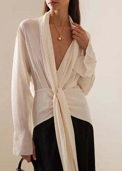 European and American Color Blocked V-neck Long Sleeved Dress
