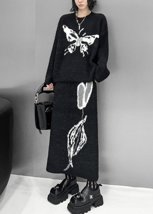 Natural Black O-neck Butterfly Print Cotton Knit Sweater and Maxi Skirts Two Pieces Sets Fall