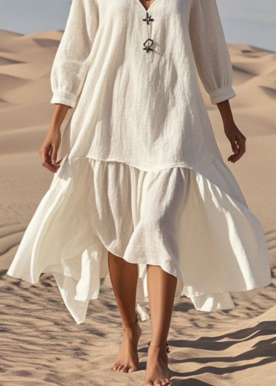 White V Neck Cotton Vacation Dresses Bracelet Sleeve