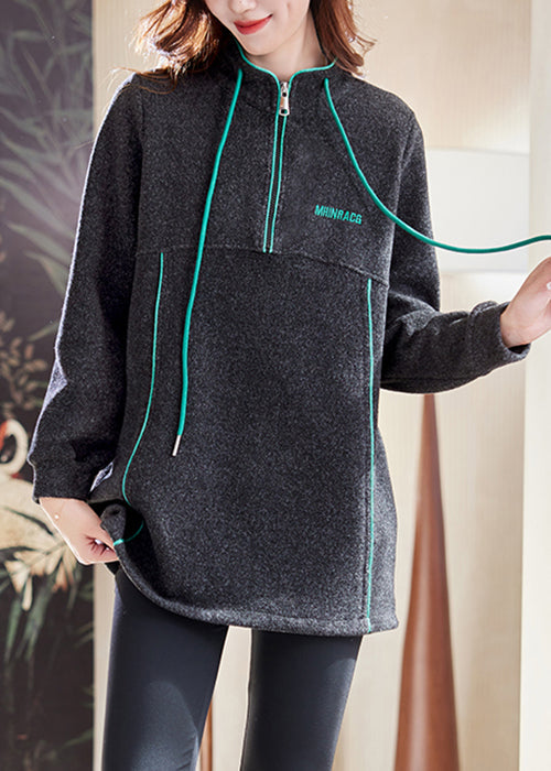 Dark Gray Zip Up Drawstring Patchwork Cotton Sweatshirts Winter