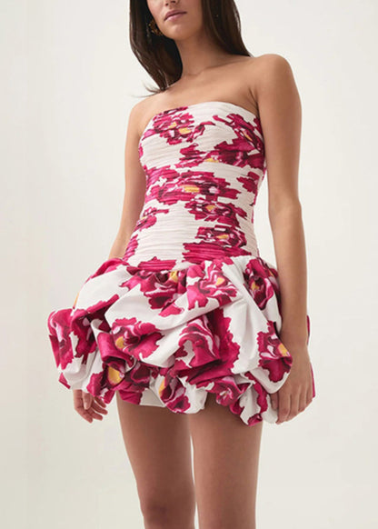 Slim Fit Rose Strapless Print Wrinkled Cotton Mid Dress Sleeveless