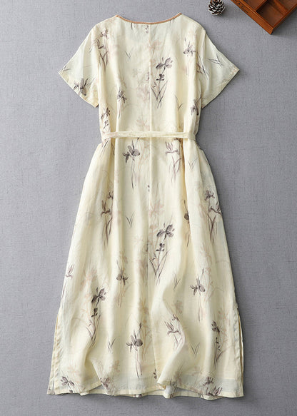 Boutique Apricot O-neck Print Tie Waist Cotton Dress Summer