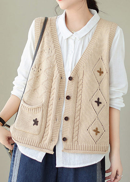 Versatile Beige V Neck Embroideried Knit Vest Fall