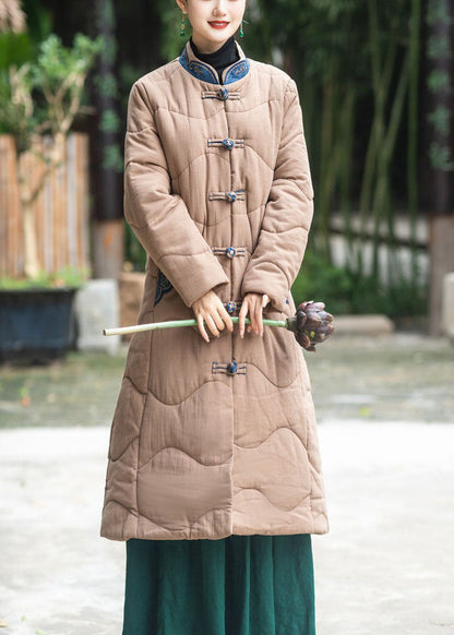 Khaki Stand Collar Embroidered Lengthen Fine Cotton Filled Witner Coat