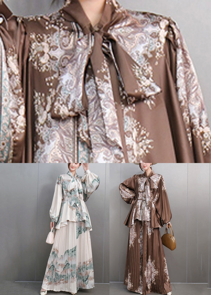 White Bow Print Chiffon Shirts and Maxi Skirts Two Pieces Set Spring