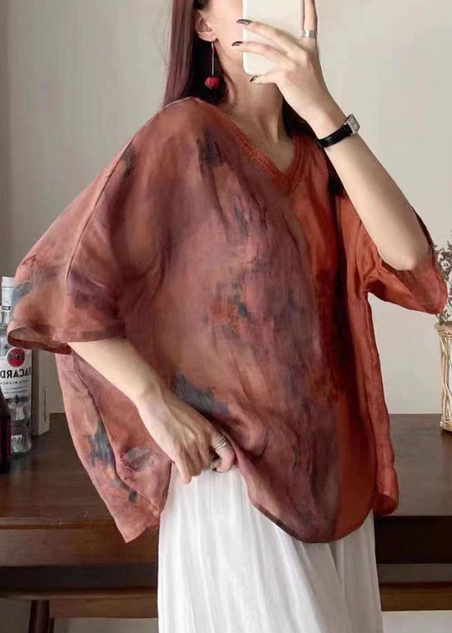 Orange V Neck Embroidered Print Patchwork Linen Shirt Tops Summer