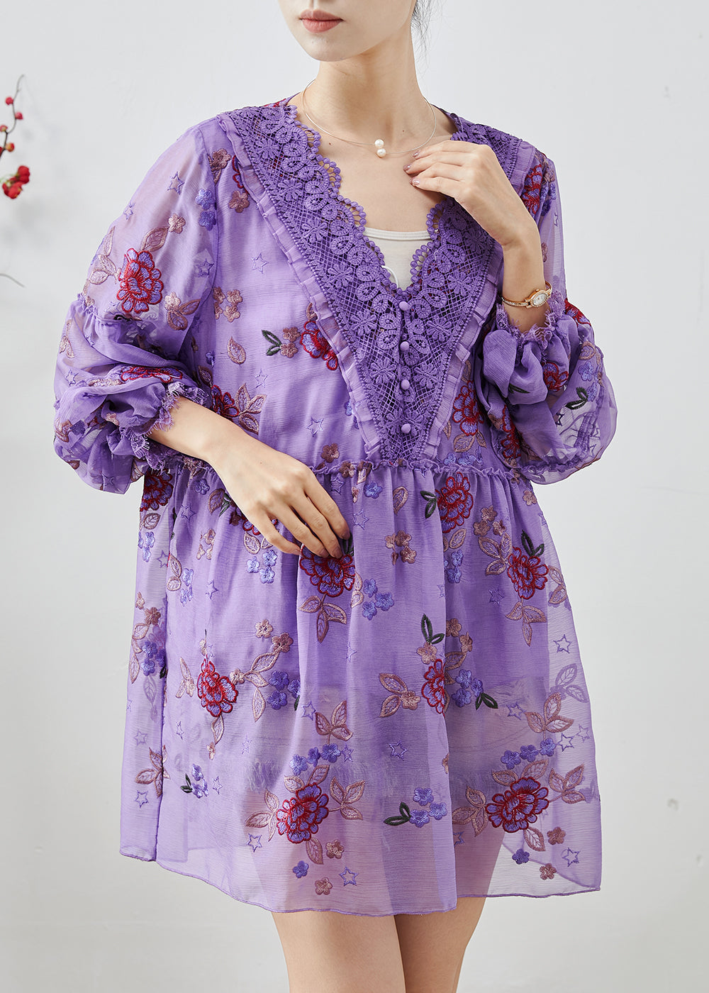 Purple Embroidered Patchwork Chiffon Vacation Dress Fall