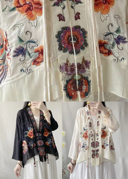 Black Linen Silk Cardigans Embroideried V Neck Tasseled Spring