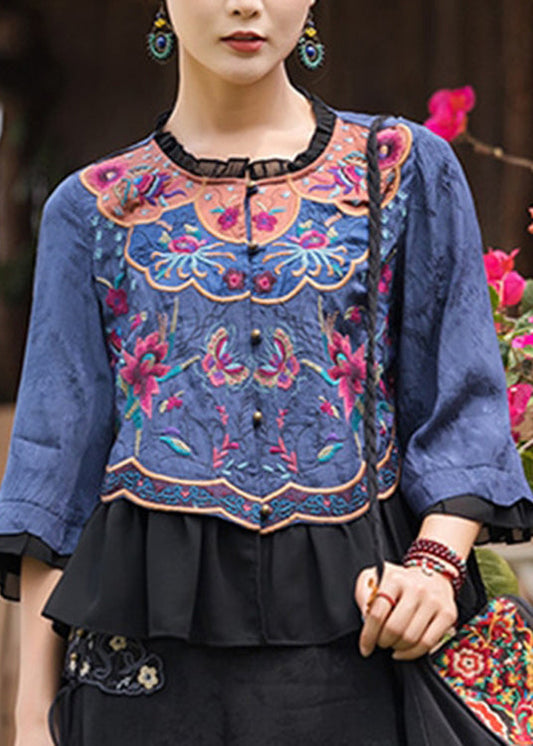 Light Blue O-neck Button Chiffon Top Long Sleeve