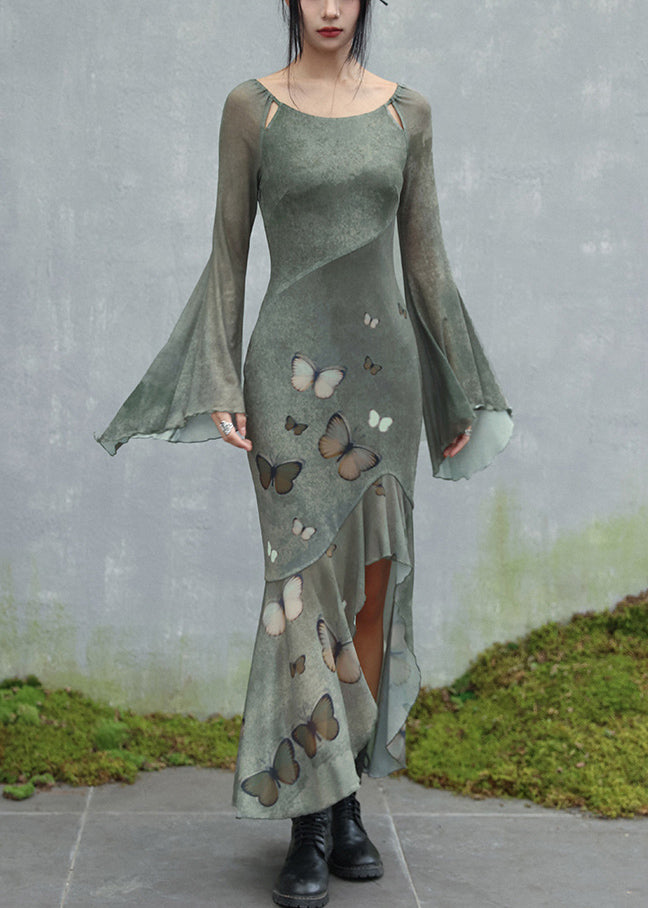 Original Design Green O-neck Butterfly Tulle Maxi Dresses Flare Sleeve