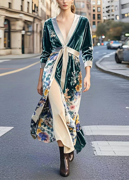 Peacock Green Cinched Print Side Open Silk Velvet Dresses Spring