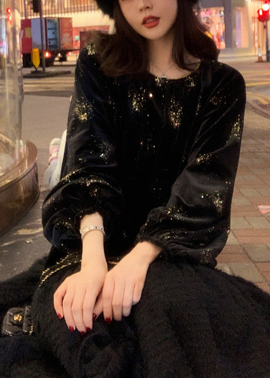Organic Black O-neck Patchwork Sequins Silk Velvet Maxi Dress Fall