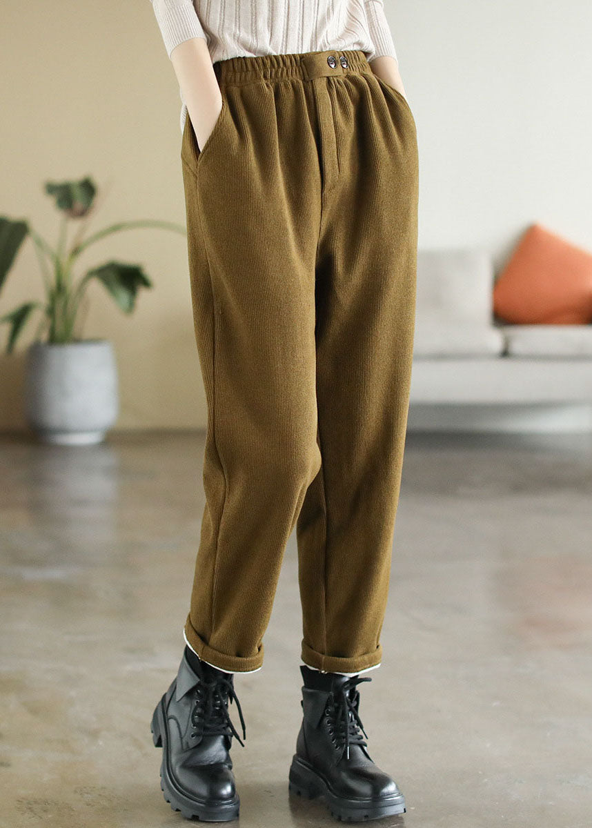 Yellow Elastic Waist Pockets Warm Fleece Corduroy Pants Winter