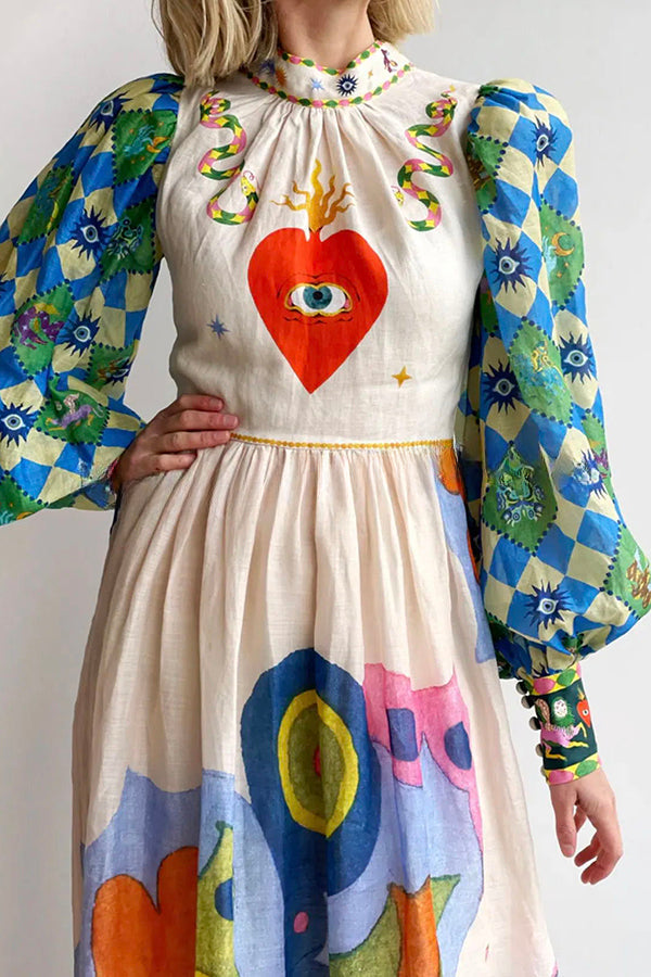 Dear to My Heart Unique Print Lantern Sleeve A-line Midi Dress
