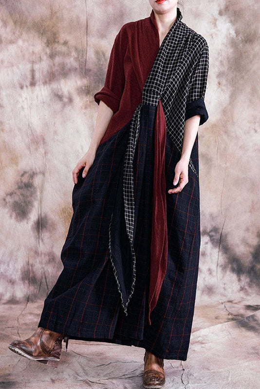-fall Retro Cotton Linen Dress Stitching Robe Dress