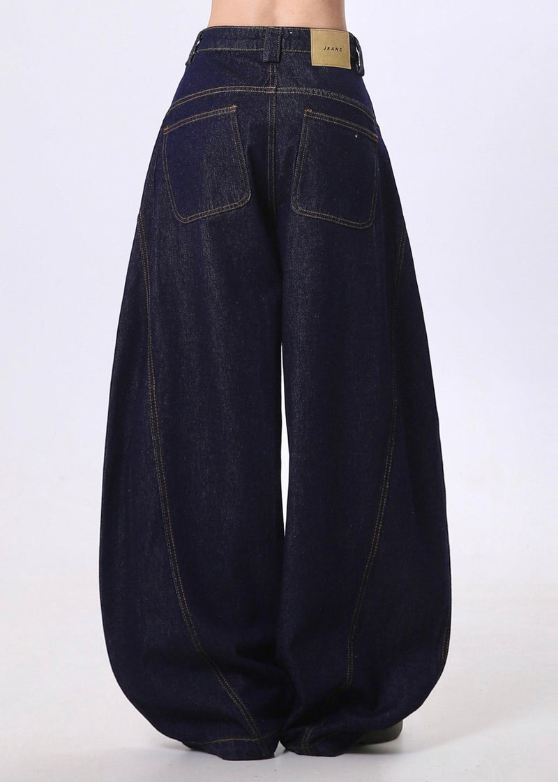Navy Letter Print Denim Wide Leg Pants Spring
