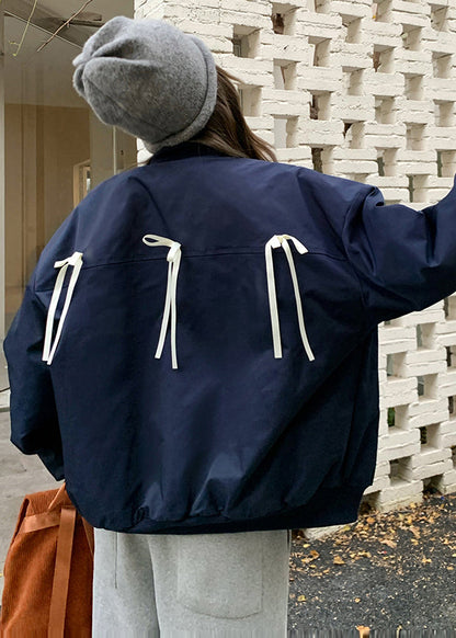 Navy Oversized Bow Letter Print Fine Cotton Filled Jackets Winter