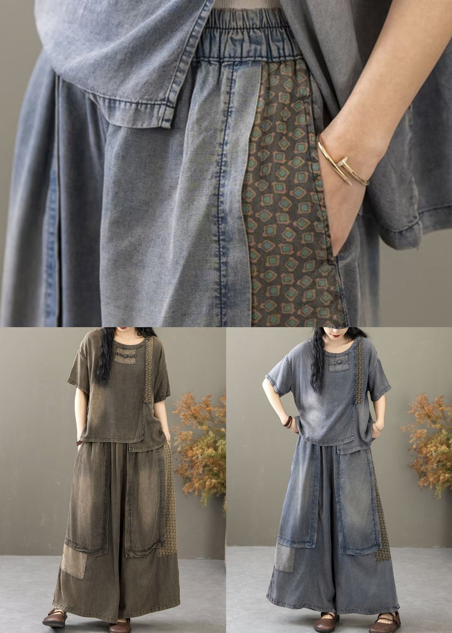 New Blue Pockets T Shirt and Wide Leg Pants Denim Two Pieces Set Summer