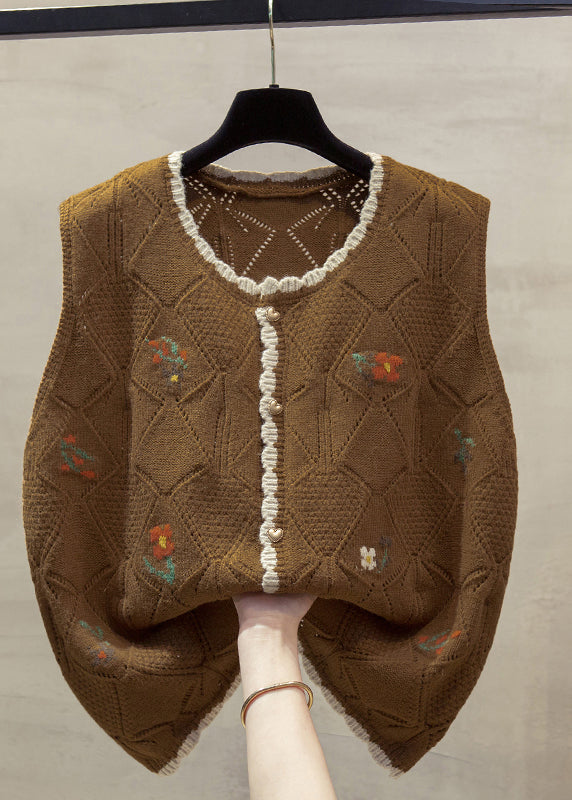 Unique Beige O-neck Embroidered Cotton Knit Waistcoat Fall