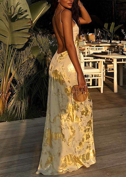 Stylish Gold Backless Cotton Spaghetti Strap Dress Summer