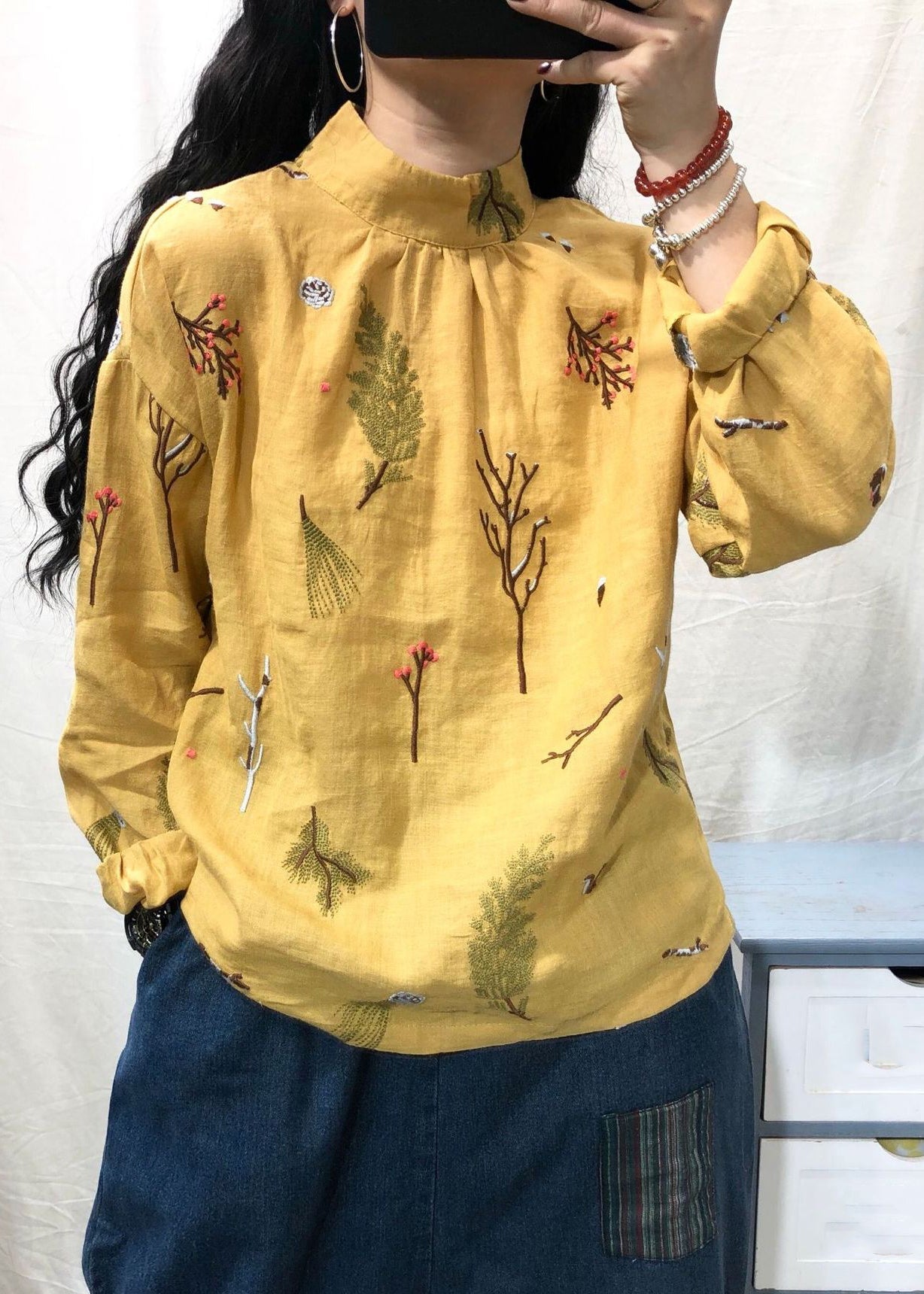 White Stand Collar Embroidered Linen Blouses Long Sleeve